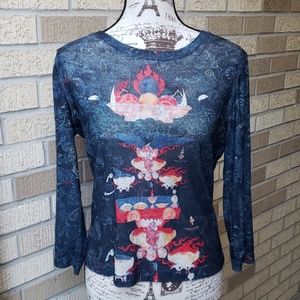 Asian Print Blue Sheer Top